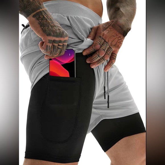 Royal blue double layer gym workout shorts with inner pocket - Picture 4 of 16